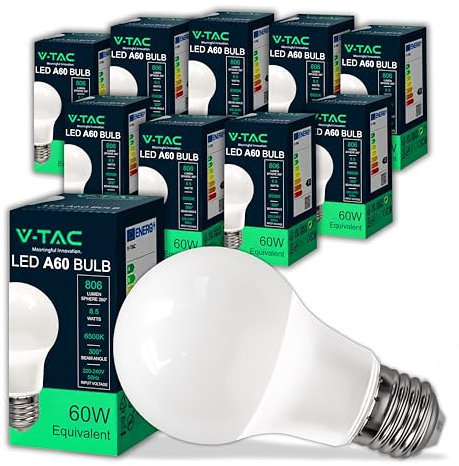 V-TAC 10x Lampadine LED con Attacco E27 8,5W (Equivalenti a 60W) A60 - Lampadine di Nuova Generazione - 806 Lumen - Massima Efficienza e Risparmio Energetico - 6500K Luce Bianca Fredda