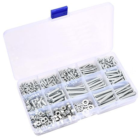 Dokeno Vis et Écrous et Rondelles Assortiment Set, M3 M4 M5 Vis et Écrous ménagers en Boîte Zinguée, Vis à Tête Demi Ronde Phillips, Vis D'assemblage Metal avec Boîte de Rangement Plate (Argent)