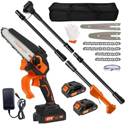 2-in-1 Cordless Pole Saw, High Branch Saw & Handheld Chainsaw with 4&6 Inch Chains 2pcs Rechargeable 21V Battery, 2.3m Reach Electric Saw for Garden Tree Trimming (UK)