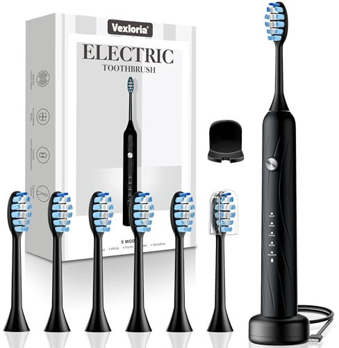 Vexloria Electric Toothbrush, Sonic Toothbrushes with 6 Brush Heads and 5 Modes, Up to 70 Days of use on a Single Charge, Electric Toothbrush with Smart Timer, Black