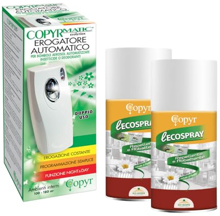 Insetticida Ecospray al Piretro pronto all'uso con Erogatore,antizanzara,mosche e insetti volanti,per alberghi,ospedali,ristoranti.Per industria alimentare.Bomboletta da 250ml X 2pezzi +1 Erogatore