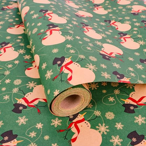 Christmas Wrapping Paper Roll,43cm x 15m Xmas Gift Wrapping Paper,Kraft Xmas Wrap paper for Christmas, Party,Festive Decorations (green-snowman)