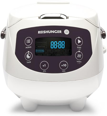 Reishunger Digital Mini Rice Cooker & Steamer - White - Keep Warm Function & Timer - Premium Inner Pot - Small Multi Cooker with 8 Programmes & 7-Phase Technology
