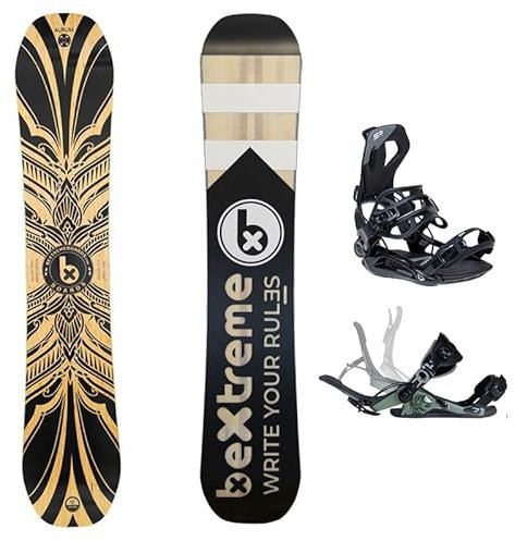 BEXTREME Pack Tabla Snowboard Freestyle Aurum con Fijaciones SP Private. Snow Wide para Hombre y Mujer Fabricado con Bambu, Haya y álamo. (Fijaciones SP 42,5-44,5 EU, 160cm)