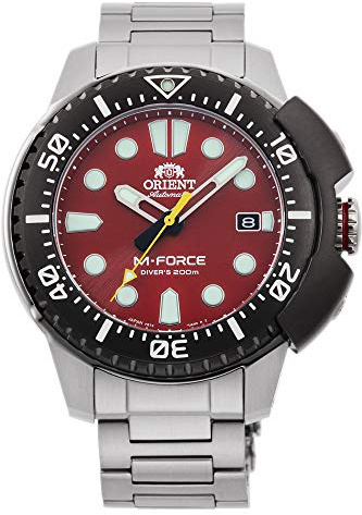 Orient M-Force Automatik Herren Armbanduhr aus Edelstahl in der Farbe Silber-Rot 45mm, Wasserdichtigkeit: 20Bar, RA-AC0L02R00B