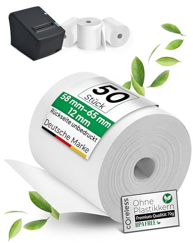 coreless - 50 Thermorollen 58mm x 65mm x 12mm ohne Plastikkern - Rolle aus Thermopapier