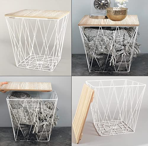 HOMION Retro Metal Wire Square Wood Top Storage Side Table Basket Home Furniture (White)