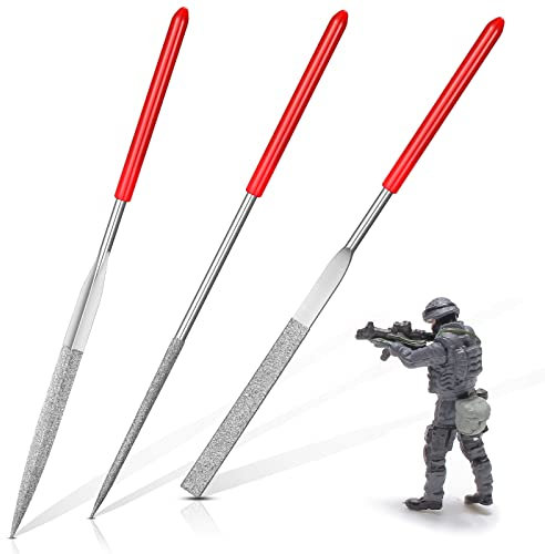 Honoson 3 Pcs Miniature and Model Files, Diamond Small Metal Needle File Set with Round, Flat Tool and Triangular Rasp, for Metal, Resin, and Plastic Miniatures