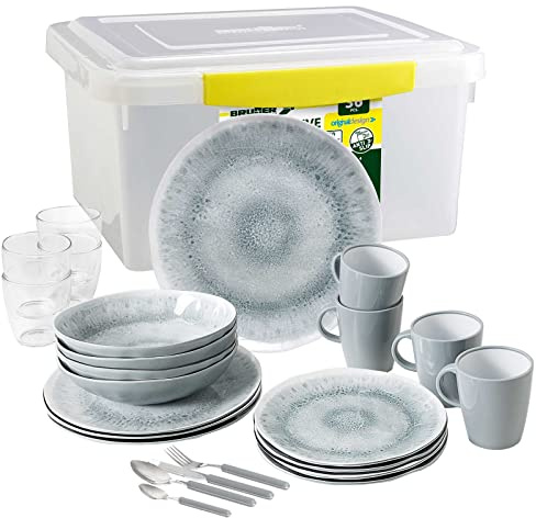BRUNNER: Camping-Geschirr-Set Melamin | 36-Teilig - Teller, Besteck & Becher für 2-4 Personen | All Inclusive PEARL - Bruchfest & Anti-slip