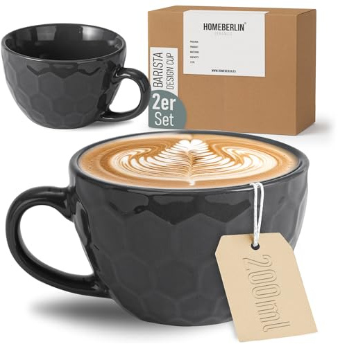 HOMEBERLIN® Barista 2er Cappuccino Tassen Set - 200ml Kaffeetassen Set - Premium Kaffee Tassen Set aus hochwertigem Steingut - 2 moderne Kaffeetassen aus 100% Handfertigung - Dickwandige Kaffee Tasse