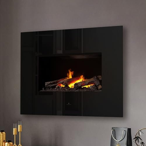 Noble Flame Apollo - Opti-Myst Elektrokamin Wand-Kamin – Schwarz hochglanz - Heizung Fernbedienung Dekoholz – Rückwand Schwarz spiegelnd