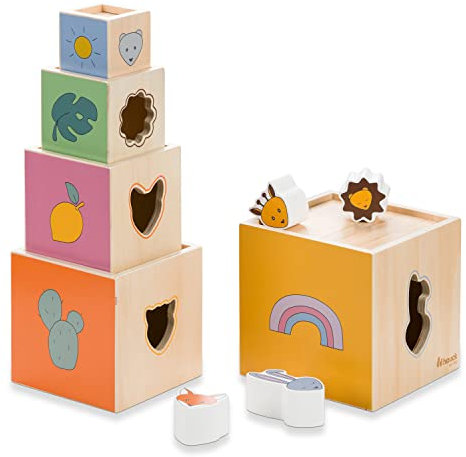 hauck Stack N Raise Stapelturm aus Holz – Stapelspielzeug ab 1 Jahr mit Würfeln & Tierformen, Motorikspielzeug für Kleinkinder – Lernspiel zum Zählen, Farben & Formen Erkennen, Platzsparend