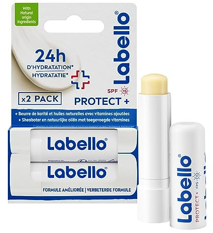 LABELLO Protect + (2 x 5,5 ml), Baume à lèvres enrichi en huiles naturelles et protection solaire FPS 15, Soin des lèvres Hydratation longue durée pendant 24H