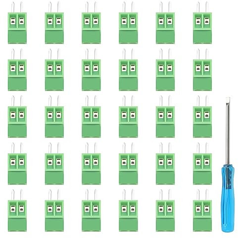 YIXISI 30 PCS PCB Mount Screw Terminal Block, 2.54mm Pitch 2 Pin Screw Terminal Block Connector, for Arduino DIY Project, Green