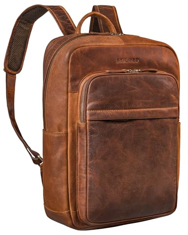 STILORD 'Oliver' Rucksack Herren Leder Vintage Lederrucksack Groß Echtleder Rucksack Laptop 16 Zoll Tasche für Arbeit Business Uni Kofferschlaufe, Farbe:kara - cognac