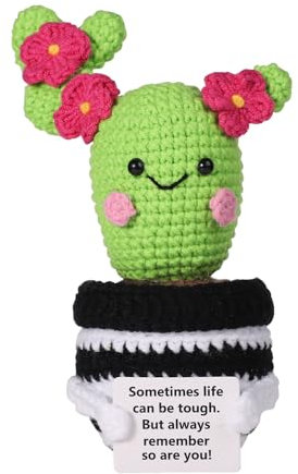 lasuroa Cactus Positivo Uncinetto, 16cm Piante Verdi Positive Uncinetto Bambola Cactus Lavorata Maglia Giocattolo Divertente Positiva Patata con Carta Incoraggiamento Decorazioni Cactus per Festa