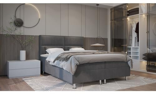 Verona Idee Boxspringbett ALBA Kontinental 6 Größen Inkl. Lattenrost XXL Bettkasten 160cm x 200cm Grau Bonell Matraze und Toper 4cm