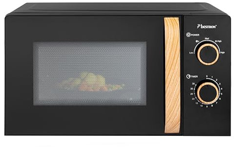 Bestron 700 Watt Mikrowelle, zweiteiliges Kontrollpanel mit 5 Leistungsstufen & 35 Min. Timer, stufenlos regelbar, mit 25.5cm Drehteller für alle gängigen Größen, Black & Wood, Farbe:Schwarz/Holzoptik