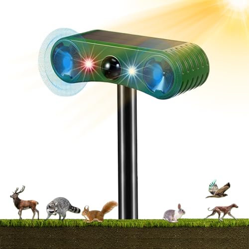 Katzenschreck Ultraschall Abwehr, 2024 Upgraded Tiervertreiber IP55 Wasserdicht Solar Katzenvertreiber mit Bewegungsmelder und Blinklicht, 4 Modi Marderschreck für Katzen, Hunde, Wildtiere