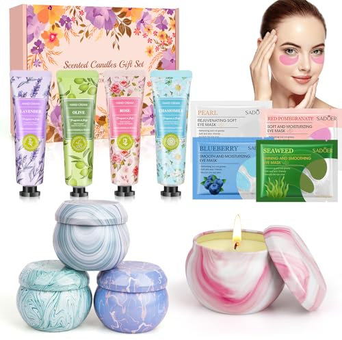 Coffret Cadeau Femme, Creme pour les Mains 4 x 30 ml & Bougie Parfumées 4 x 2.5oz & Patch Yeux 4 Paires, Cadeau Noel Femme, Creme Mains idee Cadeau Femme, idee Cadeau Maman Petite Amie Meilleur Ami