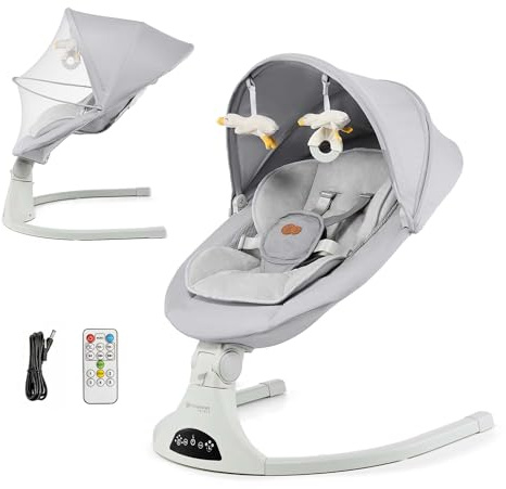 Kinderkraft TULSY - Bouncer elettrico a dondolo, automatico a 5 livelli, timer 8/15/30 min, pannello touch o telecomando, Bluetooth USB, 12 melodie, 3 reclinabili, imbracatura a 5 punti, zanzariera a