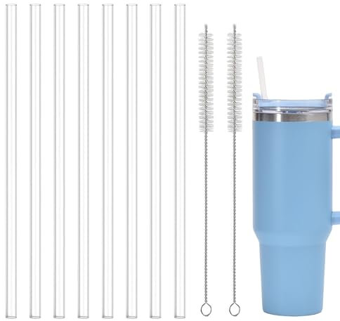 Aestustheri 8 Transparent Plastic Straws - Includes 2 Straw Brushes - Easy to Clean - Reusable Straws - Perfect Plastic Straws for Water Bottles - Compatible with 40oz Cup