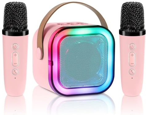 Aischens Mini Karaoke Portatile con 2 Microfoni Wireless, Karaoke Bluetooth con Effetti di Cambio Voce e Luci LED per Bambini e Adulti, Giocattoli Karaoke Senza Fili, Regalo Ragazza 3-14 Anni (Rosa)
