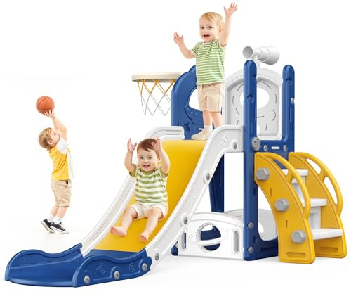 Kinder Rutsche: große Blau Kleinkind Rutsche mit Basketballkorb, Rutsche für Kleinkinder Alter 1-3 Kleinkind Kletterer Rutsche Spielset mit Stauraum, Indoor Outdoor Spielzeug für Kleinkinder 1-3 Jahre