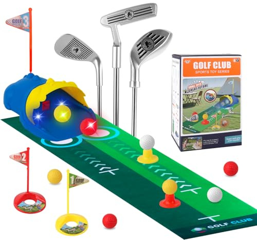 Upgraded Kids Toy Golf Set, Kids Golf Clubs Set with Dinosaur Automatic Ball Returner, 4 Led Light Up Night Balls, Putting Mat, 3 Clubs, 2 Practice Holes, Kids Golf Garden Games for Boys Girls