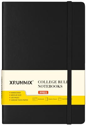 XRUNMIX A5 Hardcover Notebook, Lined, 100gsm Paper, with Inner Pocket, Ribbon Bookmark, Elastic Closure, Assorted Colours, 160 Pages (Black - 1 Pack)