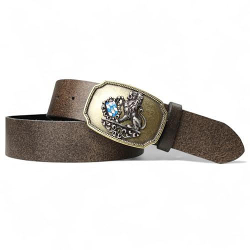 FRONHOFER Trachtengürtel Herren Echtleder 4 cm breit mit Bayern Wappen Emaille bicolor Gürtelschnalle 7,5 cm x 5,5 cm Druckknopf wechselbar Made in Germany für Lederhose