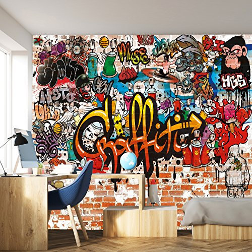 murimage Papier Peint Graffiti 366 x 254 cm Colle Inclus Photo Mural Pierre Coloré Brique Jeunesse Enfants Wallpaper