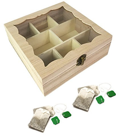 XL 8 Fächer Teekiste Teebox Teebeutelbox Teebeutel Tee Kiste Holz mit dekorativem Glas Sichtfenster Natur B20xL20xH7cm