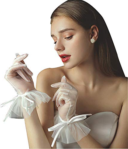 QRBTSCL Women's Tulle Ruffled Bowknot Wedding Party Gloves Short Prom Evening Gloves Ivory-New
