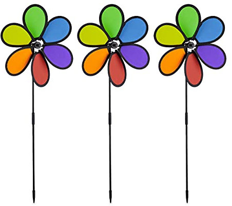 Relaxdays Windrad Blume, 3er Set, Deko Gartenstecker für Balkon, Terrasse & Garten, HBT 67 x 28 x 6 cm, Regenbogen, bunt