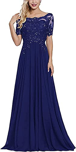 N/ C Abito per la madre della sposa e lo sposo, in pizzo con applicazioni, a manica corta, lungo, elegante, da sera, per donne, Blu reale, 44