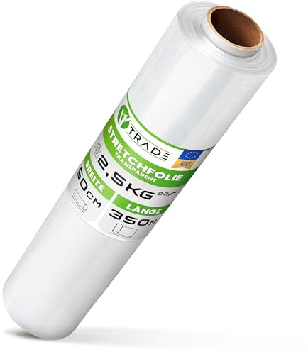 V1 TRADE Stretchfolie Transparent - Sträckfilmrulle 2,5 kg - 350 m x 50 cm | Omslagsfolie och förpackningsfolie – som flyttfilm för förpackning, buntning och skydd av möbler och pallar.