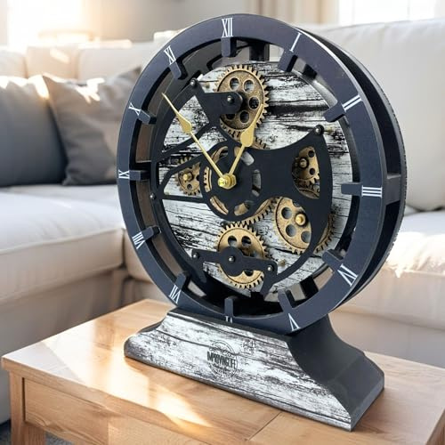 Orologio da tavolo da 25,4 cm con veri ingranaggi mobili convertibile in orologio da parete (grigio e bianco)