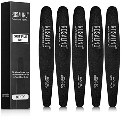 ROSALIND Limas de Uñas Profesionales 8pcs, Lima Uñas Gel 100/180, Negro Limas para Uñas de Doble Cara Set Gel Acrílico Limas uñas con Desgaste y Lavable, para Uso Doméstico y Salón