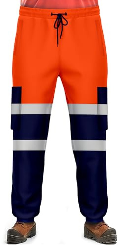 NOROZE Mens Hi Vis Trousers Work Utility & Safety Trousers with Reflective Tape |Two Tone High Visibility Jogging Bottoms, Combat Side Pocket Overtrousers, Lightweight (XL, Style 4: Neon Orange/Navy)