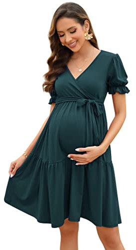 KOJOOIN Damen Umstandskleid V-Ausschnitt Stillkleid Elegant Puff Ärmel Schwangerschafts Kleider mit Rüsche Armeegrün(Kurzarm) M