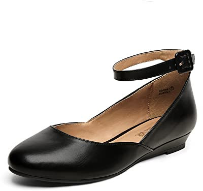 DREAM PAIRS Women's Ballet Flats Pumps Ballerina Ankle Strap Elastic Low Wedge Sandals Round Toe Comfy Dolly Shoes,Size 6,Black/Pu-N,REVONA