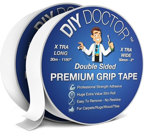 DIY Doctor XL Heavy Duty Double Sided Carpet Tape - 2 Pack (30m length x 50mm width) – Secure Rugs & Carpets on Any Surface – Long-Lasting & Reliable Grip