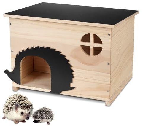 JAZUIHA Holz Igelhaus Groß, Igelhotel mit wetterfestem Dach, Igelhütte Unterschlupf für Igel zum Nisten & Winterschlaf - XXL Igelfutterhaus mit Labyrintheingang - 37 x 30 x 27 cm