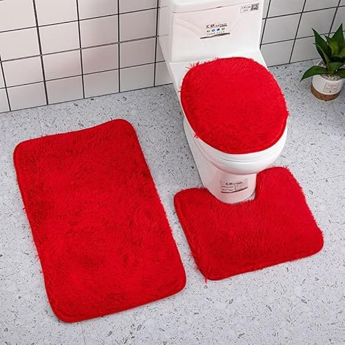 Badematten & Badteppiche Set 3 Teilig Schwarz Gold Mikrofaser Flauschige Marmor Muster Badezimmerteppich WC Vorleger mit Ausschnitt Waschbar rutschfeste Badvorleger Toilette Teppich (Rot, 3pc)