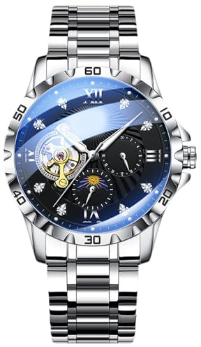 rorios Tourbillon mekaniska armbandsur män multifunktionell klocka business automatiska klockor elegant analog herrklockor med rostfritt stål armband för män, silver, L