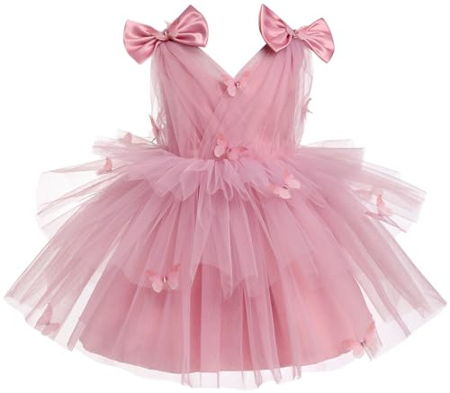 Toddler Baby Girls Bow Knot On Shoulder V Neck 3D Butterfly Tulle Tutu Dress Sleeveless Mesh Puffy Princess Bridesmaid Party Dresses Deep Pink 80