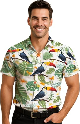 FIESTAS GUIRCA | Chemise Toucan Multicolore (52-54/L) - Vêtements de Fête pour Homme - Idéal pour Célébrations d'Été, Graduations et Fêtes Hawaïennes - Accessoire de Costume pour Adultes - Multicolore