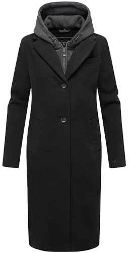 Navahoo Abrigo largo para mujer con aspecto de lana ligeramente grande con capucha (extraíble), interior de material de sudadera, sala de galletas, talla 14 XS-3XL, Negro , L