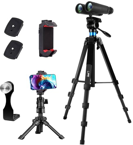 Treppiede per Binocolo, Alluminio [173 cm + 25 cm] Telescopio Treppiede, con Adattatore Binocolo, 2 Piastre Sgancio Rapido, Supporto per Smartphone/iPad